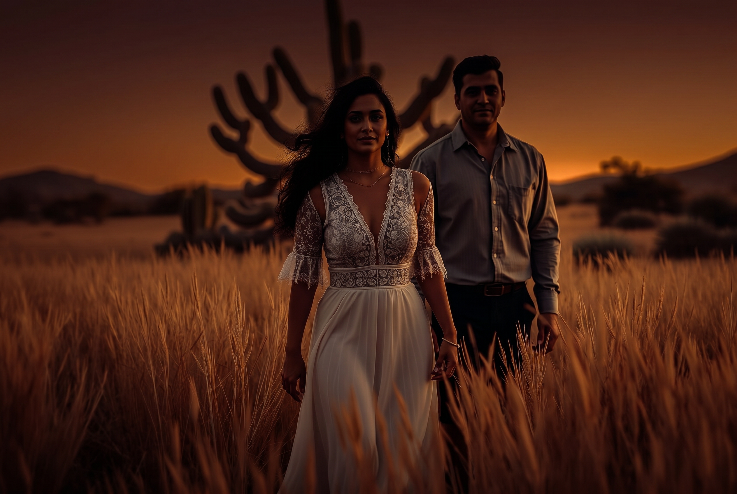 Pareja caminando en un campo de cactus al atardecer