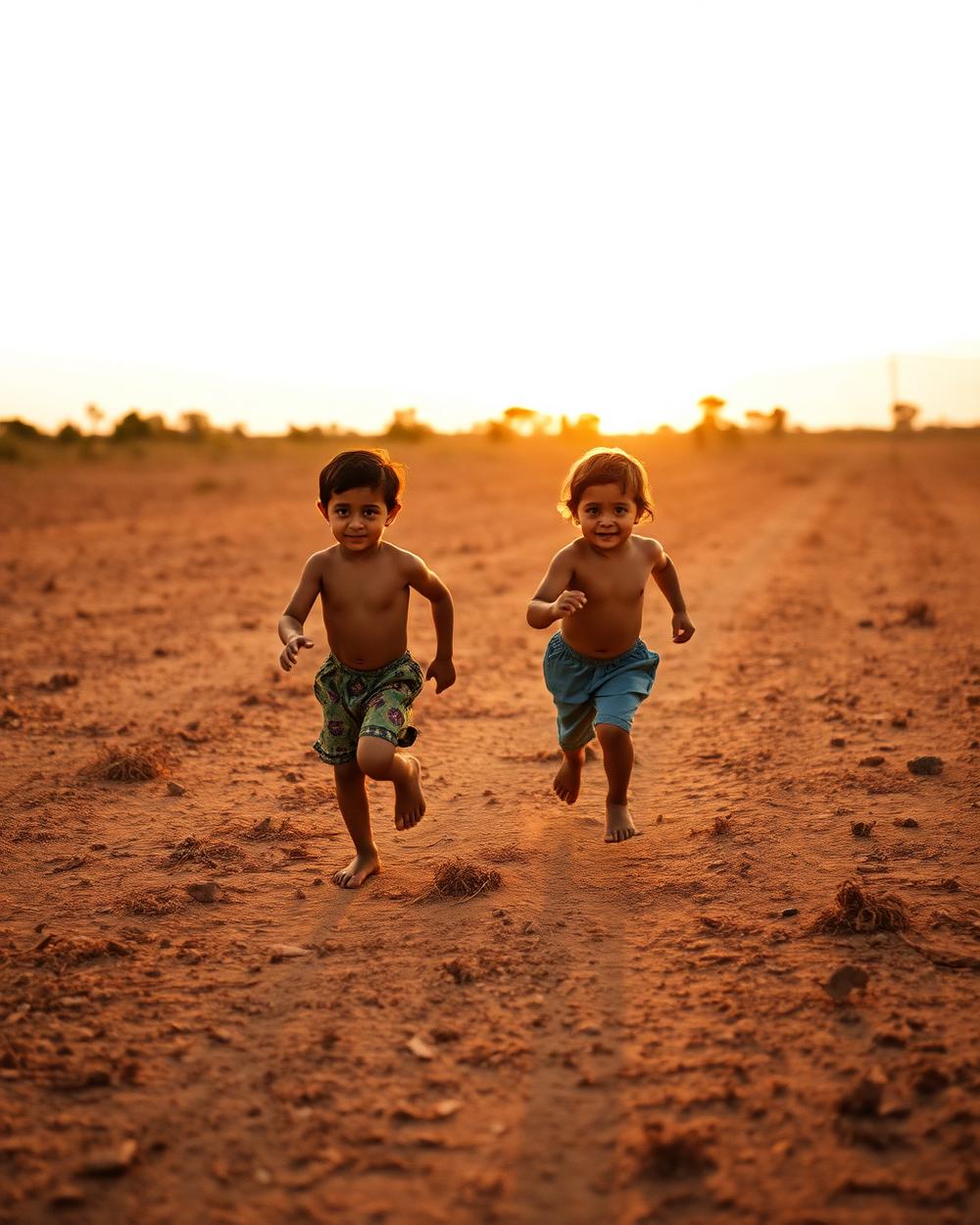 Niños corriendo al atardecer